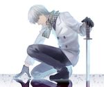  alternate_costume artist_name bad_id bad_pixiv_id black_gloves blue_eyes buttons coat gloves katana looking_at_viewer male_focus narukami_yuu one_knee persona persona_4 profile reflection robinexile scarf signature silver_hair solo sword weapon white_background 
