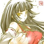  bare_shoulders black_hair breasts clenched_hand detached_sleeves fighting_stance halterneck hime_cut japanese_clothes large_breasts long_hair m.u.g.e.n nontraditional_miko original sendai_hakurei_no_miko skin_tight solo touhou umyonge_(lkakeu) upper_body yellow_eyes 