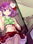  adapted_costume bare_shoulders flower groin hair_flower hair_ornament hand_on_own_chest hieda_no_akyuu highres lying midriff no_panties on_back open_clothes open_skirt purple_eyes purple_hair short_hair skirt sleeveless solo touhou turupiko 