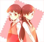  back-to-back border brown_eyes brown_hair doujima_nanako dress dual_persona hair_ornament hair_ribbon hairclip long_hair multiple_girls persona persona_4 pink_dress ribbon shirt short_hair short_twintails skllp turtleneck twintails 