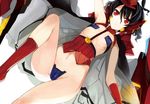  black_hair boots flat_chest maebari original pupps red_eyes revealing_clothes short_hair solo 