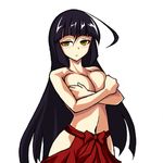  ahoge bare_hips black_hair blush breast_hold breasts covering covering_breasts hakama japanese_clothes jinny_(jinnytaru) large_breasts long_hair lowres m.u.g.e.n navel no_panties original red_hakama sendai_hakurei_no_miko solo topless touhou very_long_hair yellow_eyes 