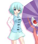  :p blue_eyes blue_hair garasuita heterochromia karakasa_obake purple_umbrella red_eyes short_hair simple_background skirt solo tatara_kogasa tongue tongue_out touhou umbrella 