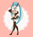  1o_(ichio) aqua_eyes aqua_hair bad_id bad_pixiv_id boots detached_sleeves hatsune_miku headphones headset highres long_hair necktie open_mouth skirt solo thigh_boots thighhighs twintails very_long_hair vocaloid 