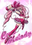  armpits blue_eyes bow character_name cure_melody eyelashes frills full_body happy heart houjou_hibiki long_hair magical_girl midriff miracle_belltier pink pink_bow pink_hair pink_legwear pink_skirt precure shoes skirt solo suite_precure thighhighs toratora_(1972-08-30) twintails wrist_cuffs zettai_ryouiki 