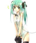  adjusting_clothes adjusting_legwear bare_shoulders black_legwear blush gloves green_eyes green_hair hatsune_miku long_hair looking_at_viewer no_pants ojigi panties simple_background solo striped striped_panties thighhighs twintails underwear vocaloid white_background 