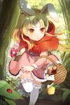  animal_ears basket blonde_hair bug bunny_ears cannelle carrot frilled_skirt frills gilse holding hood hood_down insect ladybug leaf leg_garter leg_up long_hair lowres mushroom orange_eyes running skirt solo sword_girls thighhighs tree white_legwear 