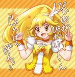 bad_id bad_pixiv_id blonde_hair bow bowtie brown_choker choker cure_peace hair_flaps hair_ornament hairpin kise_yayoi long_hair lowres maccha_aisu magical_girl orange_background pika_pika_pikarin_jankenpon precure smile smile_precure! solo translated v wide_ponytail wrist_cuffs yellow yellow_bow yellow_eyes 