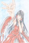  anger_vein armpits bad_id bad_pixiv_id bare_shoulders black_hair closed_eyes colored_pencil_(medium) dekopin detached_sleeves flick hair_tubes hakama halterneck hand_on_own_cheek incoming_attack japanese_clothes long_hair m.u.g.e.n nontraditional_miko original red_hakama sendai_hakurei_no_miko solo touhou traditional_media wide_sleeves you_(esparda) 