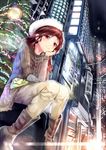  aldehyde bad_id bad_pixiv_id boots building chin_rest christmas_tree city hat long_hair original pants red_eyes red_hair sitting smile solo 