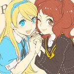  1girl alice_(wonderland) alice_(wonderland)_(cosplay) alice_in_wonderland blonde_hair blue_eyes brown_eyes cosplay crossdressing hair_ribbon heart heart-shaped_pupils holding_hands interlocked_fingers kujikawa_rise kuma_(persona_4) long_hair looking_at_viewer lowres one_eye_closed otoko_no_ko persona persona_4 red_hair ribbon school_uniform skllp symbol-shaped_pupils twintails 