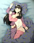  azumanga_daiou bed black_hair brown_hair holding_hands interlocked_fingers kaori_(azumanga_daiou) long_hair multiple_girls open_clothes open_shirt pubic_hair raglan_sleeves sakaki shirt yuri 