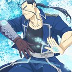  ahoge alchemy amestris_military_uniform black_hair fullmetal_alchemist gloves isaac_macdougal long_hair magic_circle male_focus md5_mismatch military military_uniform ntm ponytail single_glove snowflakes solo uniform 