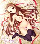  amane_(funfun) breasts brown_hair hair_ribbon idolmaster idolmaster_(classic) long_hair lying minase_iori navel nipples over-kneehighs panties pubic_hair red_eyes ribbon small_breasts solo stuffed_animal stuffed_bunny stuffed_toy thighhighs underwear 