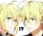  1boy 1girl ahoge arthur_pendragon_(fate) artoria_pendragon_(all) bad_id bad_pixiv_id blonde_hair dual_persona fate/prototype fate/zero fate_(series) formal genderswap genderswap_(ftm) green_eyes saber suit waiko 