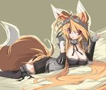  animal_ears bad_id bad_pixiv_id breasts endou_chihiro fox_ears fox_tail kuu_(endou_chihiro) large_breasts long_hair lying maid on_stomach original red_eyes solo tail thighhighs 