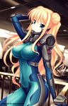  adjusting_hair arm_up armor blonde_hair bodysuit breasts covered_nipples double_bun himukai_kyousuke large_breasts lilia_kjellberg long_hair muvluv muvluv_alternative non-web_source pilot_suit railing skin_tight solo two_side_up 