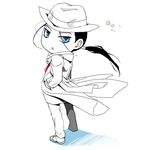  antenna_hair black_hair blue_eyes chibi formal fullmetal_alchemist hat long_hair male_focus no_nose ntm ponytail solf_j_kimblee solo suit white_suit wind 