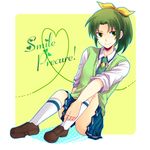  copyright_name full_body green_eyes green_hair green_neckwear heart heart_of_string kneehighs loafers midorikawa_nao mikami_(mkm0v0) nanairogaoka_middle_school_uniform necktie ponytail precure school_uniform shoes short_hair sitting skirt sleeves_rolled_up smile smile_precure! solo sweater_vest white_legwear yellow_background 