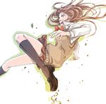  :d bow bowtie brown_eyes brown_hair kurosawa_tomo leaf long_hair open_mouth original school_uniform shoes simple_background skirt smile socks solo white_background wind 