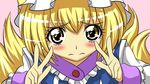  3: arms_up blonde_hair blush cure_peace_pose double_v eyelashes face fox_tail hat multiple_tails parody precure short_hair smile_precure! solo tabard tail tears touhou upper_body v victory_pose white_legwear yakumo_ran yellow_eyes yutanpo-2 