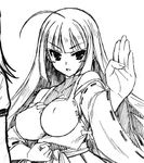  ahoge bare_shoulders breasts clenched_hand detached_sleeves fighting_stance graphite_(medium) greyscale halterneck japanese_clothes large_breasts long_hair lowres m.u.g.e.n monochrome nontraditional_miko original sendai_hakurei_no_miko solo touhou traditional_media umyonge_(lkakeu) wide_sleeves 