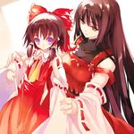  age_difference ascot bare_shoulders black_eyes black_hair bow breasts detached_sleeves dressing empty_eyes hair_bow hakama hakurei_reimu japanese_clothes large_breasts long_hair m.u.g.e.n mother_and_daughter multiple_girls nontraditional_miko original purple_eyes red_hakama sendai_hakurei_no_miko short_hair sumi_keiichi touhou very_long_hair younger 
