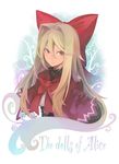  blonde_hair bow capelet english hair_bow hourai_doll long_hair looking_at_viewer morino_hon solo touhou 