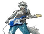  black_nose canine chest_tuft clothing dog dog_tags fur gamma-g grey_fur grey_hair guitar hair husky jeans kouya kouya_aotsuki male mammal morenatsu open_mouth pants plain_background shirt solo standing tank_top teeth tongue torn_clothing tuft unknown_artist white_background 