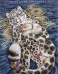  anthro bell blonde_hair blue_eyes breasts dark_natasha feline female hair leopard lying mammal nipples nude on_back pussy snow_leopard solo 
