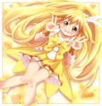  ayase_midori blonde_hair blush bow cure_peace double_v hair_flaps kise_yayoi knees_together_feet_apart long_hair magical_girl ponytail precure shorts shorts_under_skirt skirt smile_precure! solo v wide_ponytail yellow yellow_background yellow_bow yellow_eyes yellow_skirt 