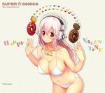  bikini blush breasts candy cleavage doughnut food happy_valentine headphones jewelry large_breasts long_hair navel nitroplus pendant pink_hair red_eyes shiny shiny_skin smile solo strap_gap super_sonico swimsuit tsuji_santa valentine 