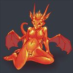  breasts dragon female grey_background horn looking_at_viewer nipples nude pinup pira plain_background pose pussy scalie solo wings 