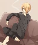  bad_id bad_pixiv_id barefoot blonde_hair cigarette couch hair_over_one_eye male_focus satou_jun smoking solo sweater tooru_(jux) working!! yellow_eyes 