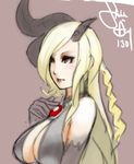  asymmetrical_hair bare_shoulders blonde_hair borrowed_character braid breasts cleavage demon_girl elbow_gloves eu03 gloves halterneck horns large_breasts lips long_hair original red_eyes simple_background solo 