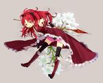  bad_id bad_pixiv_id boots bow dress flower hair_bow highres lily_(flower) magical_girl mahou_shoujo_madoka_magica polearm red_eyes red_hair sakura_kyouko sne solo spear thighhighs weapon 