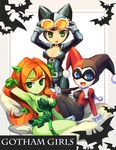  animal_ears arm_up armpits bad_id bad_pixiv_id bat batman_(series) bodysuit breasts cat_ears catsuit catwoman chibi chingisu covered_nipples dc_comics domino_mask gloves goggles goggles_on_head green_eyes green_skin harley_quinn large_breasts looking_at_viewer mask multiple_girls no_pupils open_mouth orange_hair poison_ivy sitting 