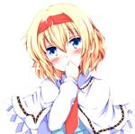  alice_margatroid blonde_hair blue_eyes blush capelet chata_maru_(irori_sabou) covering_mouth dress hairband hand_on_own_face short_hair simple_background solo tears touhou white_background 