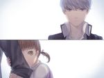  2boys arm_hug bad_id bad_pixiv_id brown_eyes brown_hair child doujima_nanako doujima_ryoutarou father_and_daughter grey_eyes grey_hair long_hair multiple_boys narukami_yuu persona persona_4 ribbon robinexile school_uniform short_hair twintails 