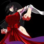  ahoge bad_id bad_pixiv_id bare_hips bare_shoulders black_background black_hair blood breasts clenched_hands detached_sleeves hakama highres japanese_clothes large_breasts long_hair m.u.g.e.n nontraditional_miko original red_hakama sendai_hakurei_no_miko sideboob simple_background solo tai_takeshi touhou yellow_eyes 