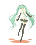  detached_sleeves green_eyes green_hair hatsune_miku headset long_hair necktie ojigi simple_background skirt solo thighhighs twintails very_long_hair vocaloid white_background 