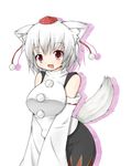  animal_ears bare_shoulders breasts detached_sleeves garasuita hat inubashiri_momiji large_breasts open_mouth red_eyes short_hair simple_background skirt smile solo tail tokin_hat touhou white_hair wolf_ears wolf_tail 