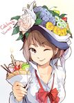  amado_(shin) brown_eyes brown_hair candle crepe fire flame flower food food_wrapper fruit melon one_eye_closed original pocky ribbon short_hair smile solo strawberry 