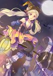  9room bad_id bad_pixiv_id bare_shoulders bat boots braid breasts broom dress elbow_gloves full_moon garter_straps gloves halloween hat lantern long_hair medium_breasts moon original pink_eyes silver_hair solo twintails white_hair witch_hat 