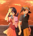  1boy 1girl black_hair blue_eyes crystal_(pokemon) eating evening gold_(pokemon) hat pokemon popsicle popsicles skirt wink yellow_eyes 