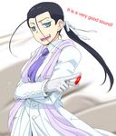  antenna_hair between_fingers black_hair blue_eyes formal fullmetal_alchemist genderswap genderswap_(mtf) gloves long_hair ntm philosopher's_stone ponytail scarf solf_j_kimblee solo spoilers suit white_gloves white_suit 