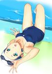  :o ano_natsu_de_matteru aqua_eyes bad_id bad_pixiv_id blue_hair competition_school_swimsuit goggles goggles_on_head kick-to-rip looking_at_viewer lying on_back one-piece_swimsuit pool school_swimsuit short_hair solo swim_cap swimsuit tanigawa_kanna upside-down 