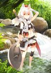  adapted_costume animal_ears bag bandages hand_on_forehead hao_(patinnko) hat inubashiri_momiji midriff navel red_eyes river satchel scabbard sheath shield short_hair shorts silver_hair solo stone sword tail tokin_hat touhou wading water weapon white_hair wolf_ears wolf_tail 