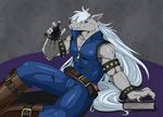  biceps blue_eyes book bracelet canine claws clothing dripping hair ink jewelry long_hair looking_at_viewer male mammal muscles pants pecs shirt sitting smile_pretty_cure solo unknown_artist white_hair wolf wolfrun 