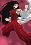  ahoge bare_hips bare_shoulders black_hair breasts clenched_hands detached_sleeves fighting_stance hakama halterneck japanese_clothes large_breasts long_hair m.u.g.e.n no_bra nontraditional_miko original red_hakama sendai_hakurei_no_miko sideboob solo touhou very_long_hair wide_sleeves yellow_eyes 